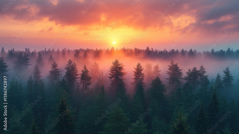 Misty sunrise over a dense pine forest, aerial view. Misty sunrise over a dense pine forest, aerial view.