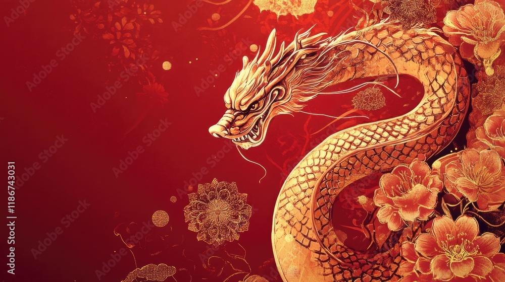Obraz premium A 2025 New Year greeting card with a golden-red background, featuring the Snake zodiac and traditional Chinese New Year symbols for good fortune.