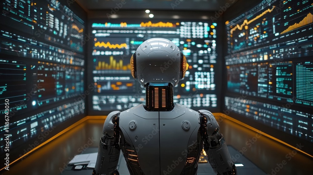 A futuristic humanoid robot standing confidently at the front of a modern conference room, presenting business and economic data. A futuristic humanoid robot standing confidently at the front of a modern conference room, presenting business and economic data.