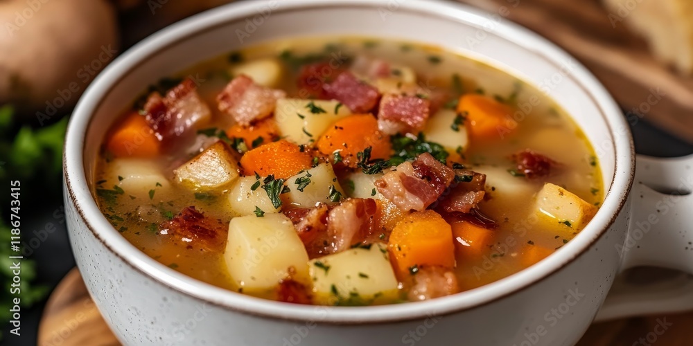 Delicious homemade soup featuring smoked bacon and fresh vegetables, perfect for a hearty meal. This homemade soup is rich in flavor and brings comfort with every spoonful of smoked bacon and Delicious homemade soup featuring smoked bacon and fresh vegetables, perfect for a hearty meal. This homemade soup is rich in flavor and brings comfort with every spoonful of smoked bacon and