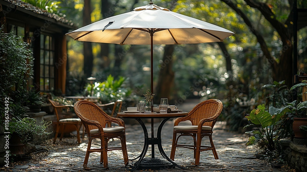 Fototapeta premium Tranquil Outdoor Cafe Table Setting Under Umbrella