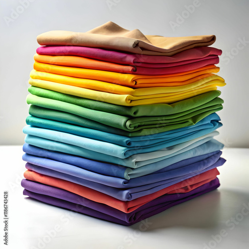 A stack of neatly folded T-shirts in assorted colors,