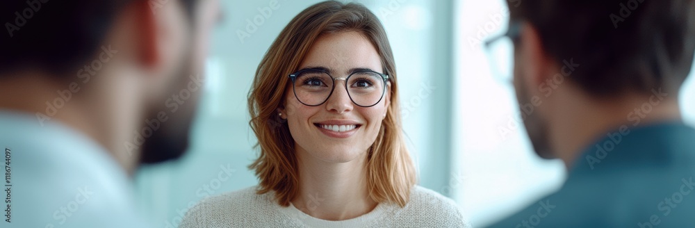 Smiling Young Woman Engaged in Conversation in Modern Office Setting Smiling Young Woman Engaged in Conversation in Modern Office Setting