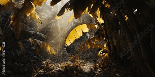 Exploring the allegory of power through visual allegories and metaphors, this image captures a shadowy banana tree in winter, emphasizing the interplay of light and force in photographic allegories. photo