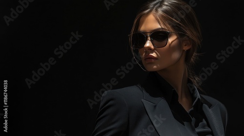 Close up of woman wearing secret agent style glasses against black background. AI generated image