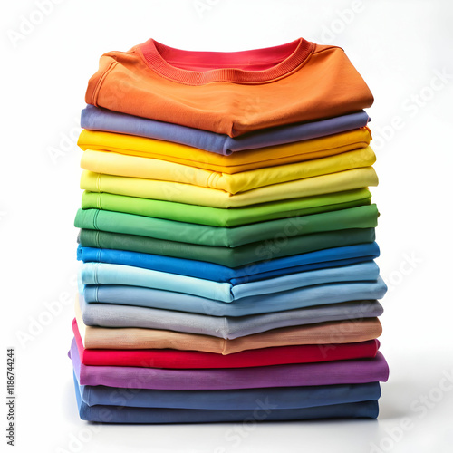 A stack of neatly folded T-shirts in assorted colors,