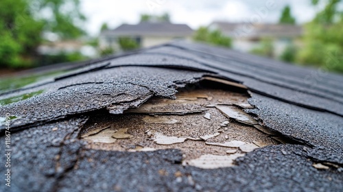 Close-up of weathered and damaged roof shingles