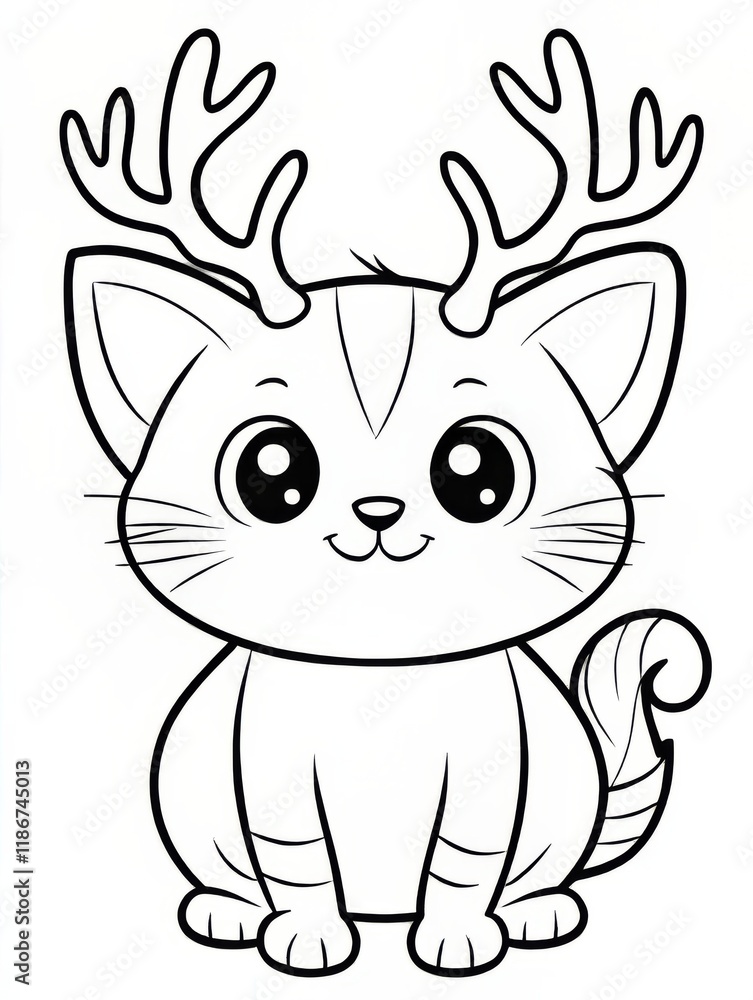 Obraz premium Cute kawaii cat with deer antlers, a simple coloring page for kids. 