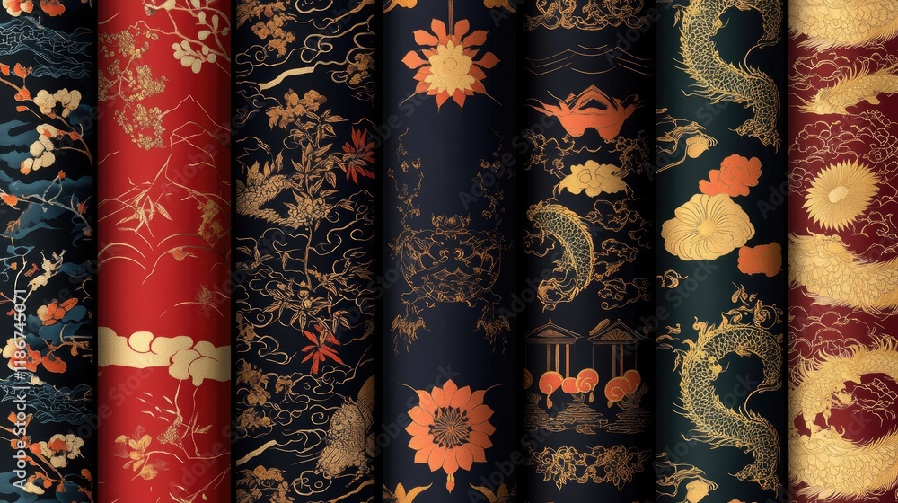 A collection of traditional Chinese seamless patterns, perfect for wallpaper or festive decorations, with elegant designs and cultural motifs. A collection of traditional Chinese seamless patterns, perfect for wallpaper or festive decorations, with elegant designs and cultural motifs.