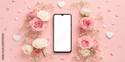 A smartphone mockup with a blank screen, surrounded by pink and white roses, gypsophila, and hearts on a soft pink background. Perfect for romantic, wedding, or spring projects with copy space