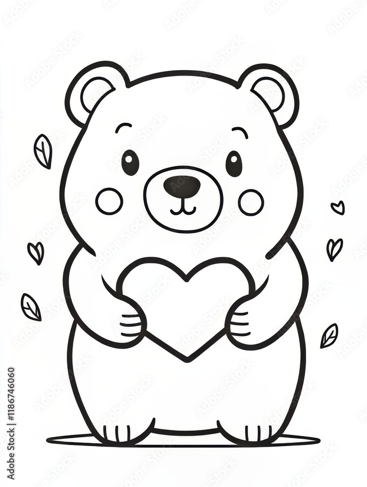 Obraz premium Cute bear holding a heart, a simple coloring page for kids