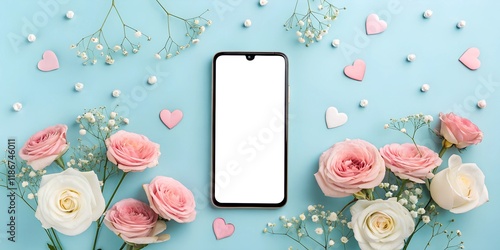 Smartphone mockup with a blank screen, surrounded by pastel pink and white roses, gypsophila, and hearts on a blue background. Ideal for spring or romantic designs with text space.