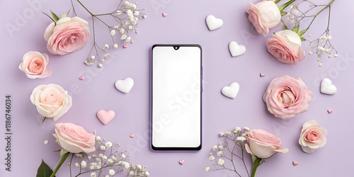  Smartphone mockup with a blank screen surrounded by pastel roses, gypsophila, and pink and white hearts on a lavender background. Great for wedding or special occasion themes with copy space. 