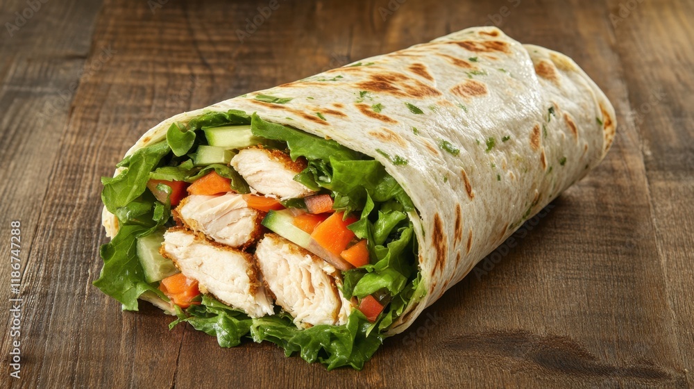 Fresh Chicken Wrap with Vegetables in a Tortilla on Wooden Surface Fresh Chicken Wrap with Vegetables in a Tortilla on Wooden Surface