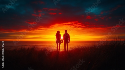 Wallpaper Mural Couple Silhouetted Against Vibrant Sunset Ocean View Torontodigital.ca