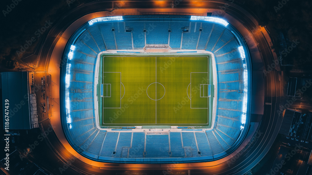 Obraz premium Aerial view of a vibrant football stadium illuminated under the night sky, showcasing the energy and excitement of live sports events.