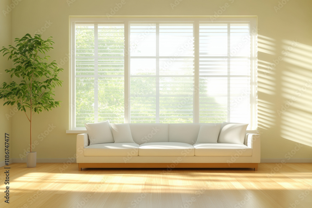 Bright, airy living room with natural light, featuring a cozy white sofa and lush green plant for perfect home serenity.
