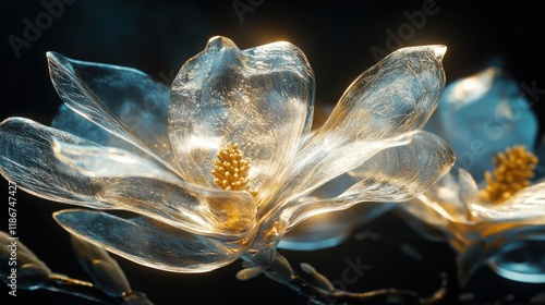 Sweetbay Magnolia tree leaves, glasslike abstract botanical wallpaper with trees, translucent and luminous effect on dark background, glassmorphism forms photo