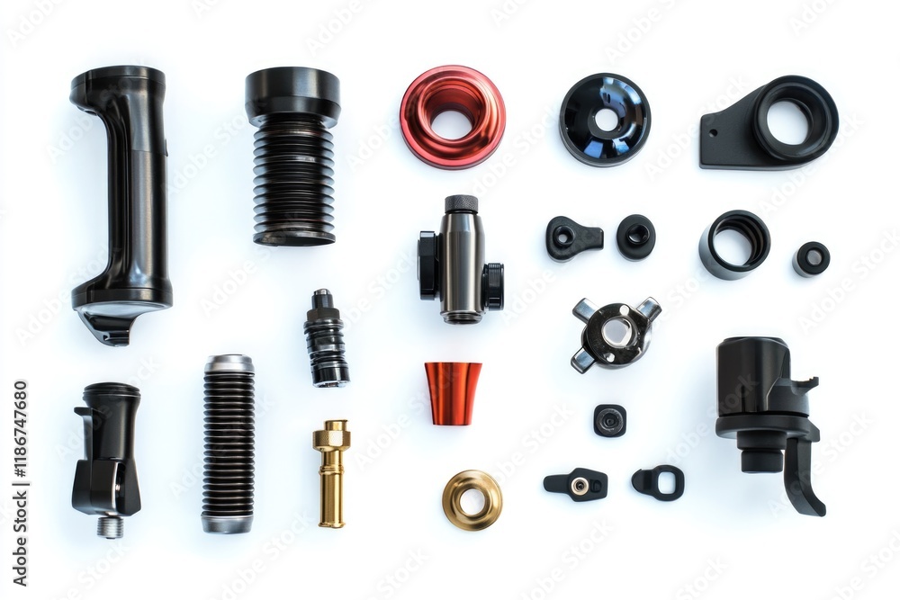 A variety of mechanical parts and tools on a clean, white surface A variety of mechanical parts and tools on a clean, white surface