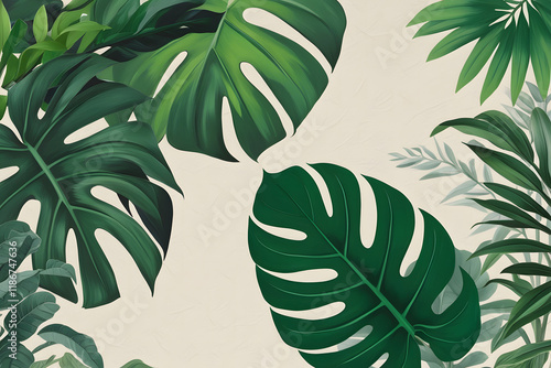 Tropical botanical illustration monstera and palm leaves photo