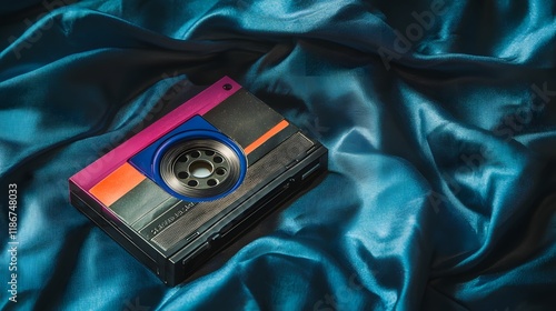 Retro Video Cassette Tape on Blue Silk Fabric photo