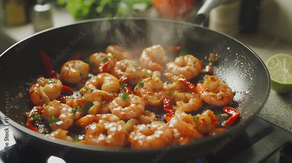 Sizzling Chilli Garlic Prawns with Lime Juice and Fresh Parsley on a Kitchen Counter Sizzling Chilli Garlic Prawns with Lime Juice and Fresh Parsley on a Kitchen Counter