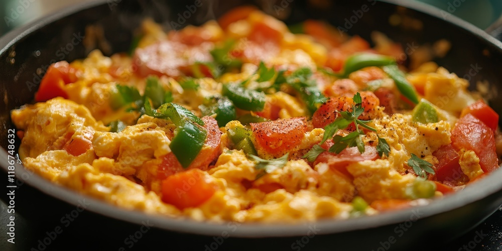Delight in the rich flavors of Turkish style menemen, featuring scrambled eggs mixed with chopped onions, fresh tomatoes, and sliced green peppers, perfect for breakfast or a hearty meal.