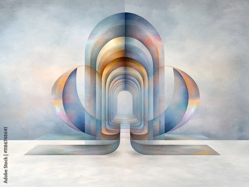 Obraz premium Captivating abstract featuring luminous iridescent shapes in a mesmerizing shimmering kaleidoscopic composition with prismatic color shifts pulsating rhythm