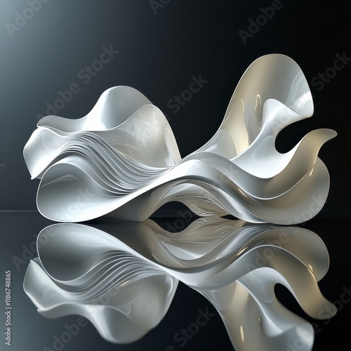 Abstract white sculptural form with flowing, wave-like shapes reflecting on a dark surface. photo