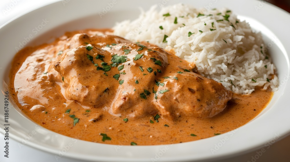 A Hearty Butter Chicken Meal Accompanied by Fluffy Garlic Naan and Fragrant Basmati Rice, Perfect for a Satisfying Dinner Feast A Hearty Butter Chicken Meal Accompanied by Fluffy Garlic Naan and Fragrant Basmati Rice, Perfect for a Satisfying Dinner Feast