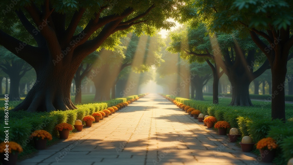 Obraz premium A sunlit path lined with trees, radiating warmth and calmness