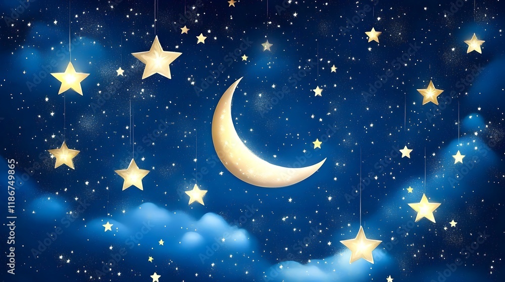Naklejka premium Serene Night Sky with Stars and Crescent Moon on Deep Blue Background