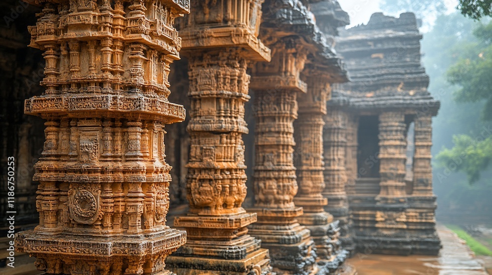 Intricate Stone Pillars Adorn Ancient Temple Structure Intricate Stone Pillars Adorn Ancient Temple Structure