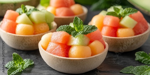 Melon fruit cup featuring a delightful mix of watermelon, cantaloupe, and honeydew. Enjoy the refreshing taste of this vibrant melon fruit cup, perfect for any occasion or summer gathering.