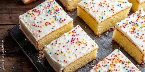 Above view of an old style school cake showcasing its slices. The vanilla cake is adorned with white icing and colorful sprinkles, making it a delightful old style school cake treat.