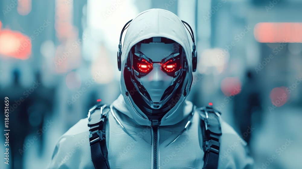 Futuristic Robot with Red Eyes in Urban City Environment Futuristic Robot with Red Eyes in Urban City Environment