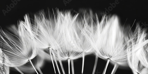 Close up of a dandelion flower showcasing its delicate seeds resembling umbrellas, captured in striking black and white. This dandelion image highlights the elegance of nature s design. photo