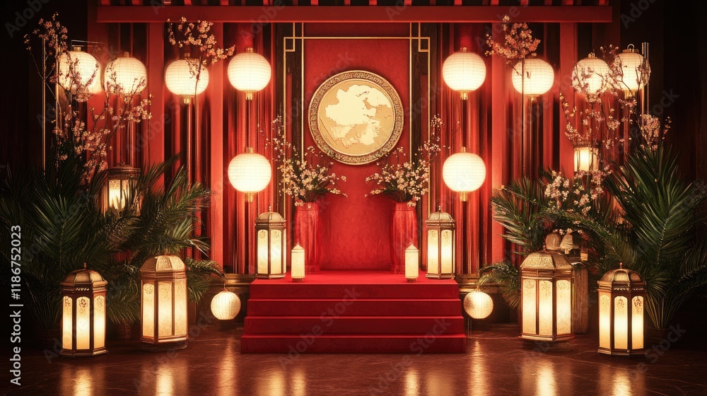 Fototapeta premium A majestic red podium, accented with gold detailing, surrounded by traditional lanterns, perfect for a cultural celebration.