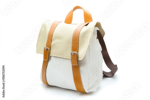 A close-up of a white backpack with tan straps on a white background photo