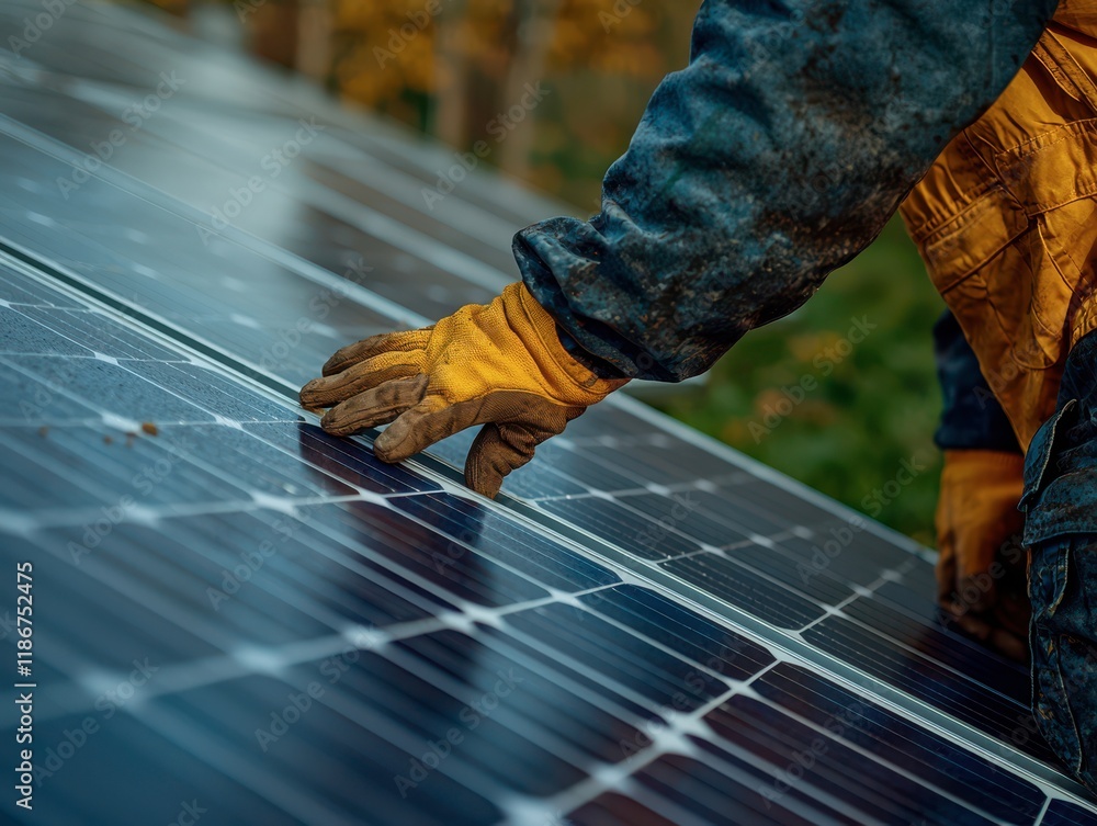 Close Up on Hand Of Professional Maintenance Engineer Touching Industrial Solar Panel Generating Electricity Close Up on Hand Of Professional Maintenance Engineer Touching Industrial Solar Panel Generating Electricity