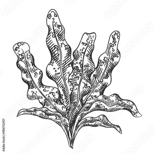 Vector illustration of sea and ocean seaweed plant. Isolated object on a white background. Tropical underwater element of natural bottom world. Hand drawn textured sketch on isolated background