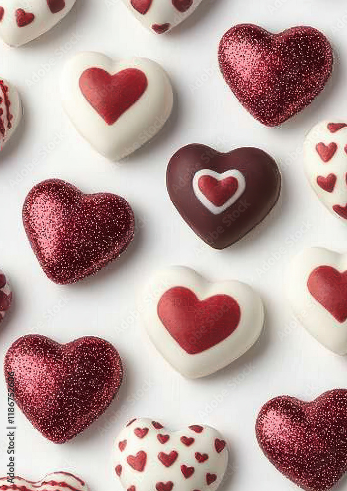 Heart shaped chocolates with red glitter accents on white background Heart shaped chocolates with red glitter accents on white background