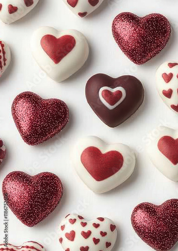 Heart shaped chocolates with red glitter accents on white background