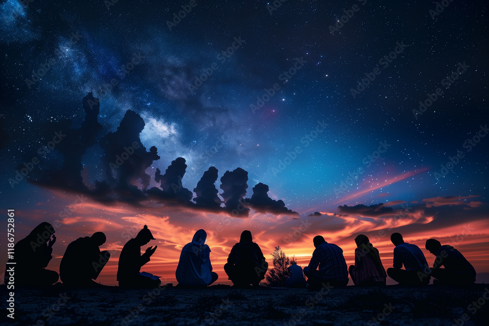Naklejka premium Diverse Group of People Praying Together in Unity, Glowing Light Symbolizing Faith and Harmony Among Different Religions