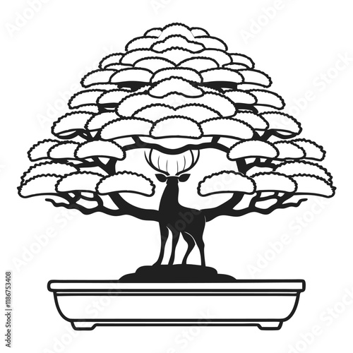 A minimalist vector silhouette featuring a bonsai tree with a gracefully twisted trunk and well-defined layered foliage, placed in a traditional bonsai pot with sharp,