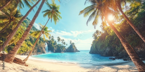 Summer getaway at the beach featuring the stunning McWay Falls, lush palm trees, and an island vista, all on a pristine sandy shore beneath a clear sky with coconut tree shade. photo