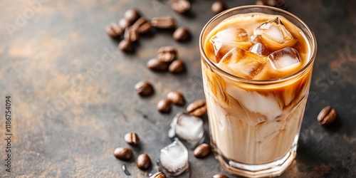 A glass filled with iced coffee that includes milk and ice cubes for a refreshing beverage experience. Enjoy the delightful combination of iced coffee, milk, and ice!