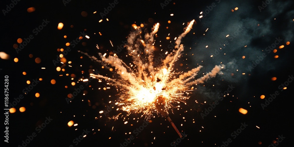 A dramatic close up shot captures an exploding firecracker, set against a solid black background, creating a striking and powerful visual impact.
