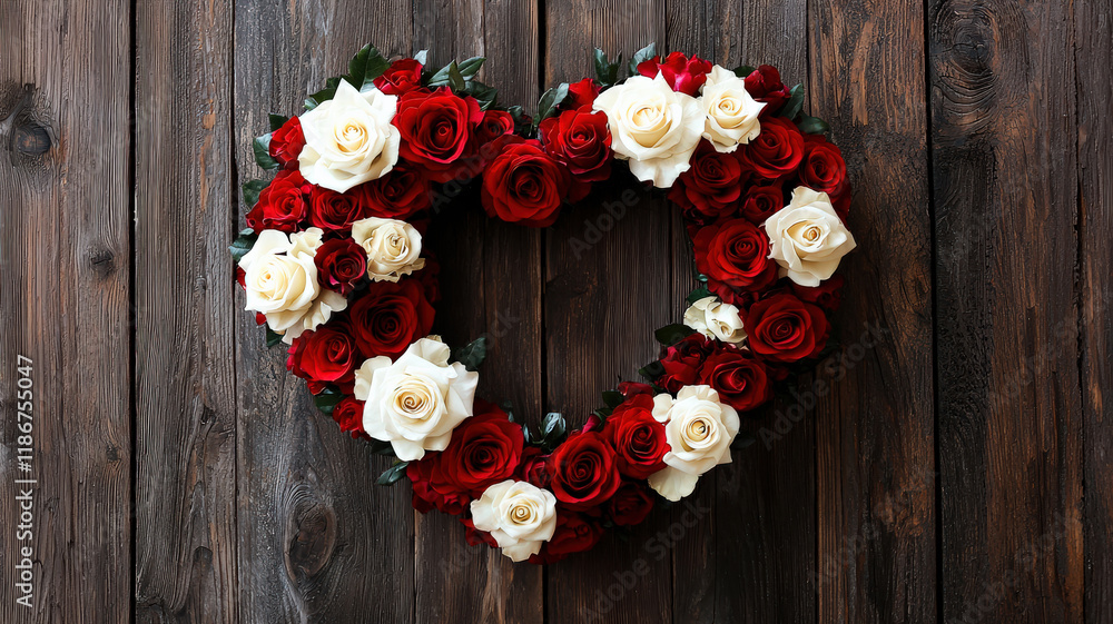 A heart-shaped wreath made of red and white roses hanging on a vintage wooden door, creating a welcoming Valentine’s Day ambiance.
A heart-shaped wreath made of red and white roses hanging on a vintage wooden door, creating a welcoming Valentine’s Day ambiance.