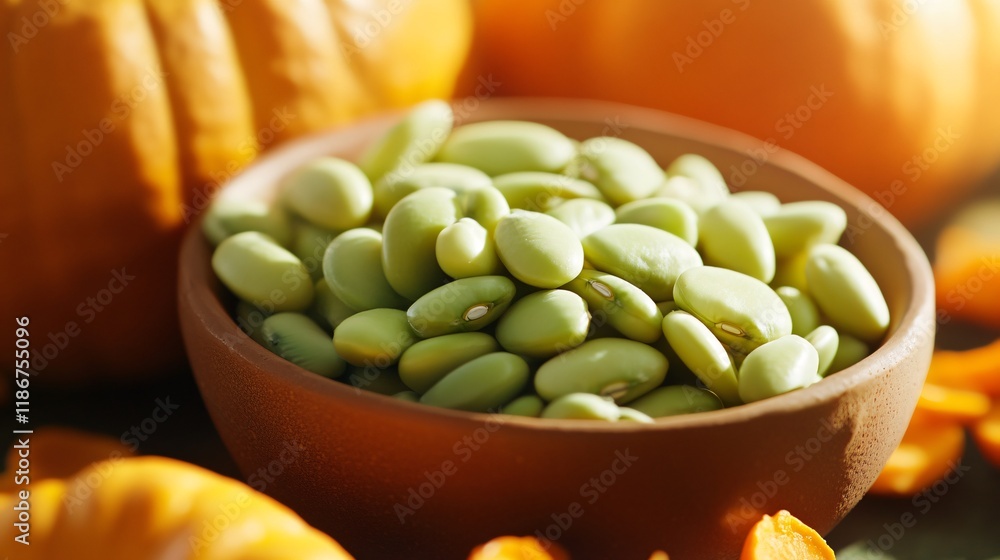 Lima beans paired with seasonal squash, isolated with warm orange tones Lima beans paired with seasonal squash, isolated with warm orange tones